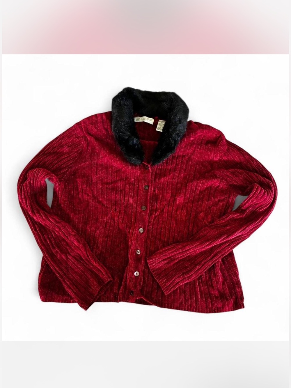 Women's vintage Red  Button-Up Jacket with Black Faux Fur Collar